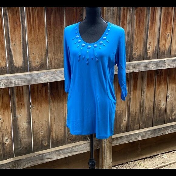 Badgely Mischka American Glamour top beading Blue tunic Med FIRM on PRICE NWT - Picture 1 of 8